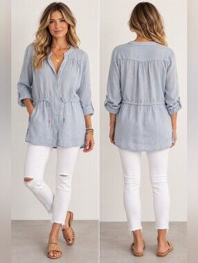 M Magaschoni 100% Linen Drawstring Waist Tunic Blouse Light Blue Size M